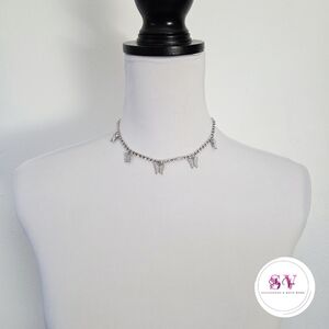Silver butterfly rhinestone choker necklace